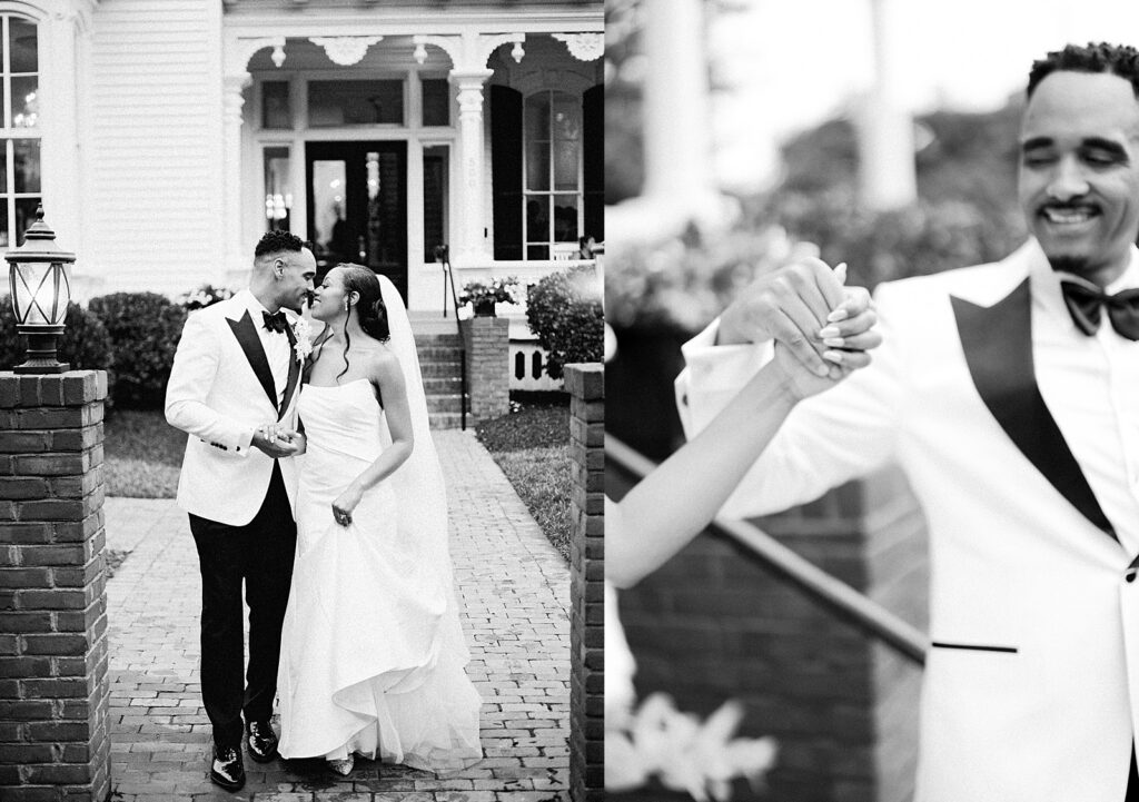 bride and groom black and white portraits at Merrimon-Wynne house wedding photographed by Casie Marie Photography