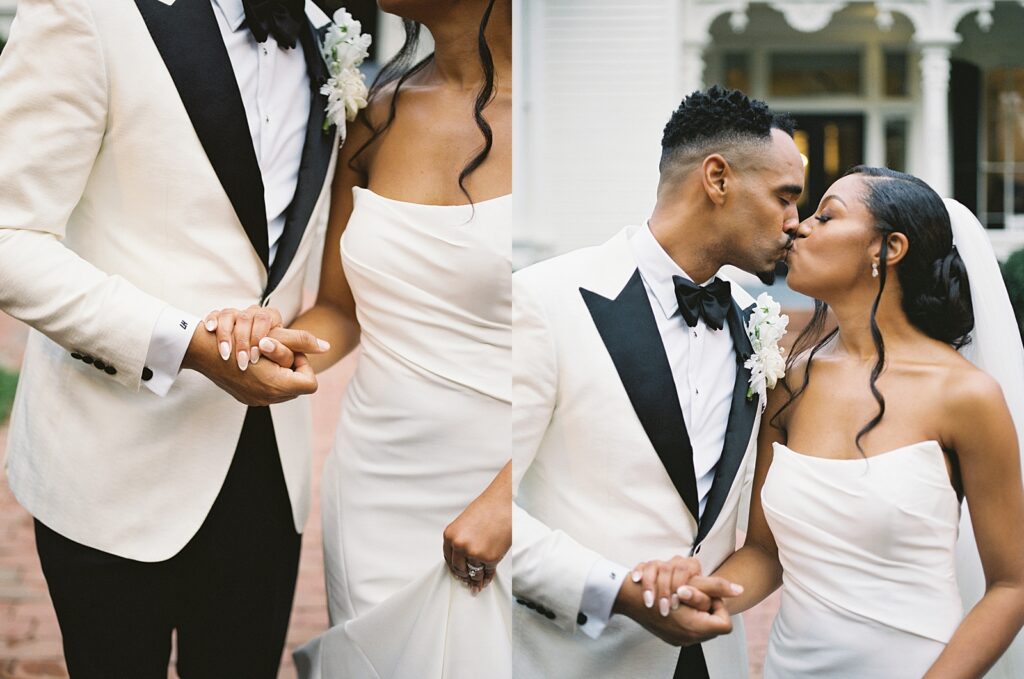 bride and groom embrace during portraits at Merrimon-Wynne house wedding photographed by Casie Marie Photography