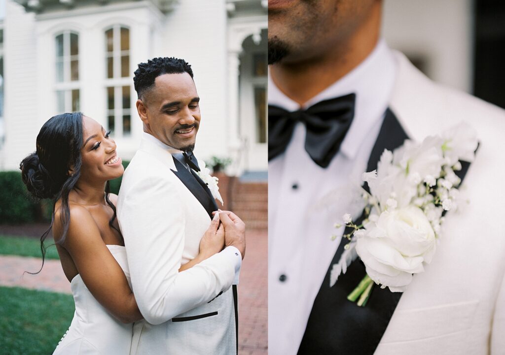 bride and groom hugging during their modern portraits at Merrimon-Wynne house wedding photographed by Casie Marie Photography